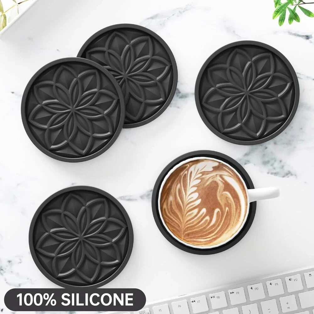 Drink Coasters Set of 6 Packs with Holder, Round Black BPA Free Silicone with No